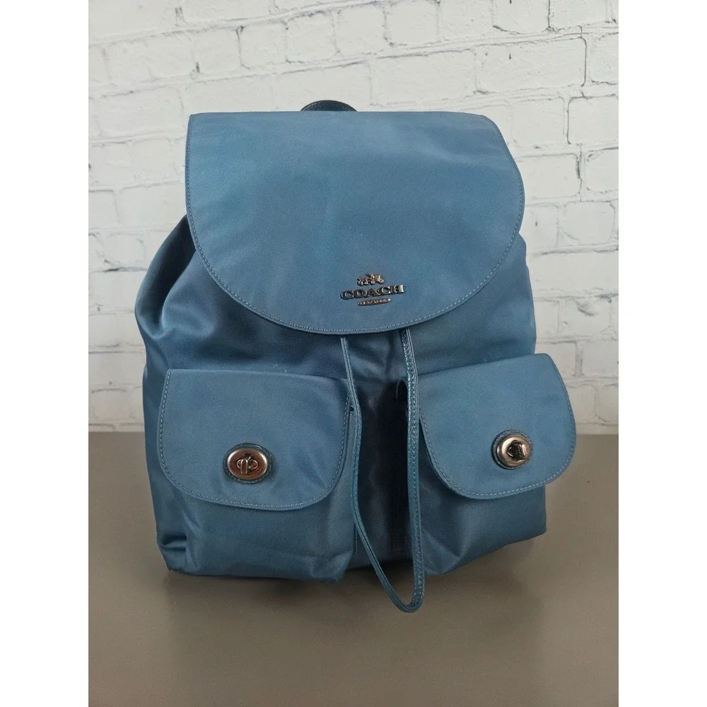 Coach Blue Teal Nylon Leather Backpack F58814 Silvertone Turnlock Bag Womens
